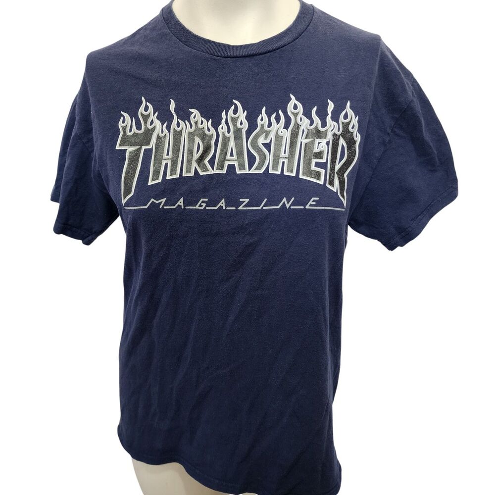 Thrasher Magazine Flame Logo T Shirt Navy Skate Streetwear Mens L Large
